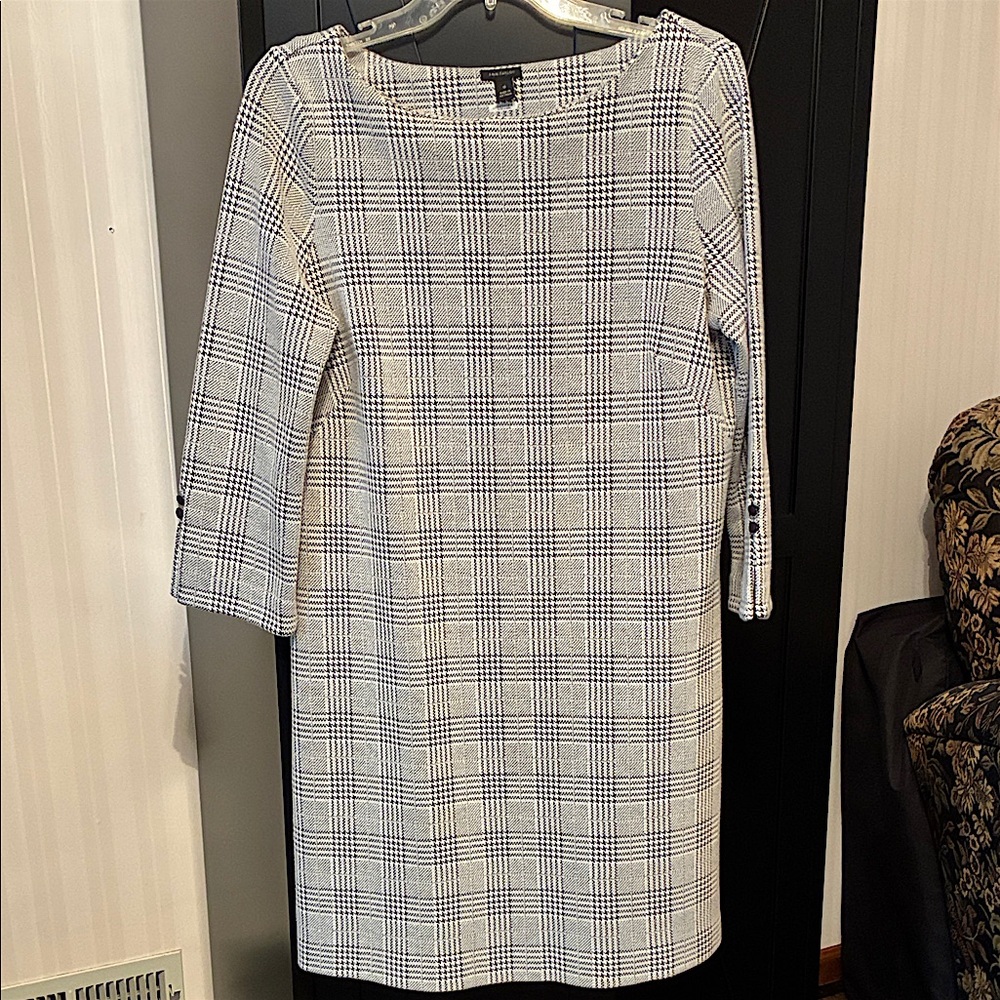 Ann Taylor Black and White Plaid Long Sleeve Sheath Dress